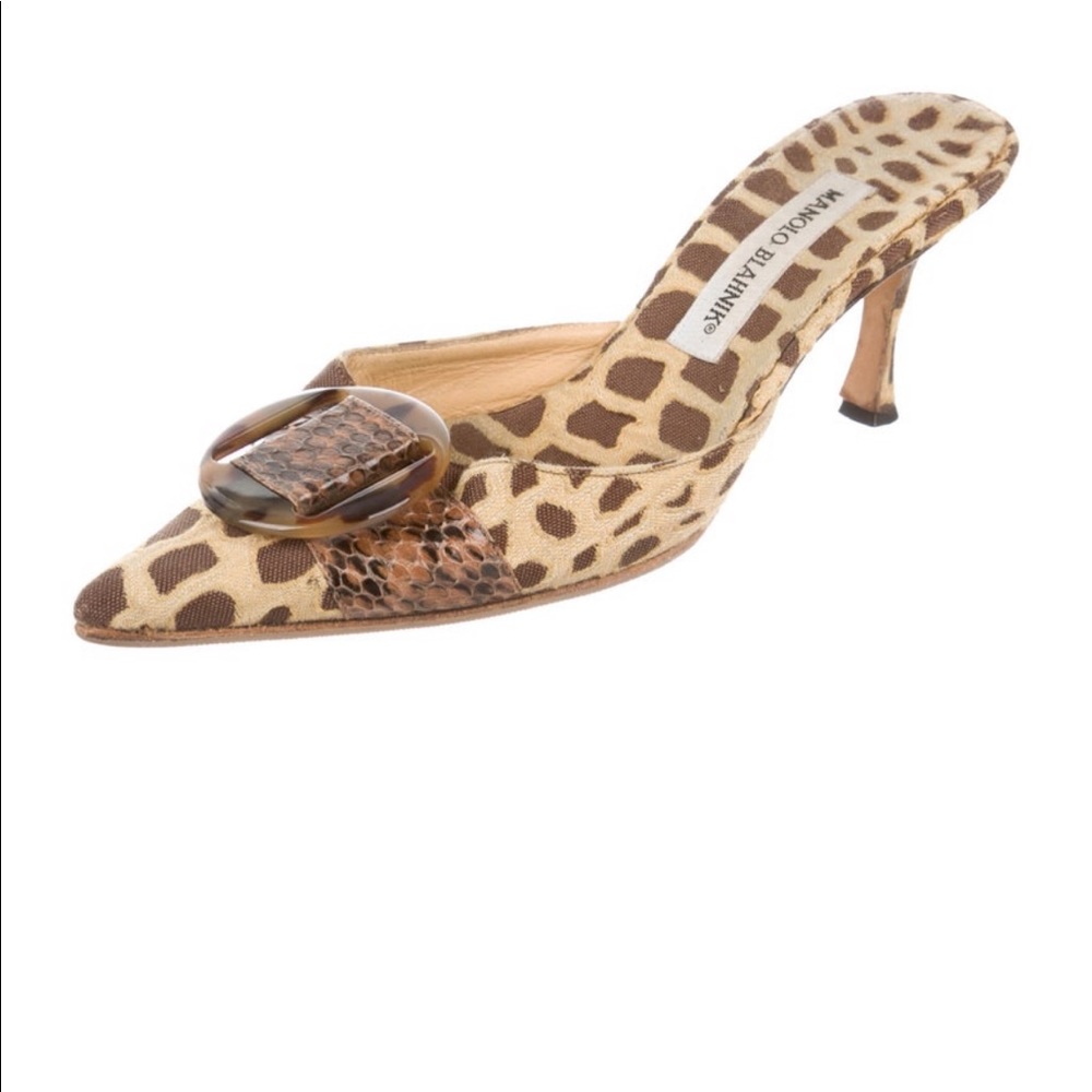 Manolo blahnik canvas snakeskin trimmed mules